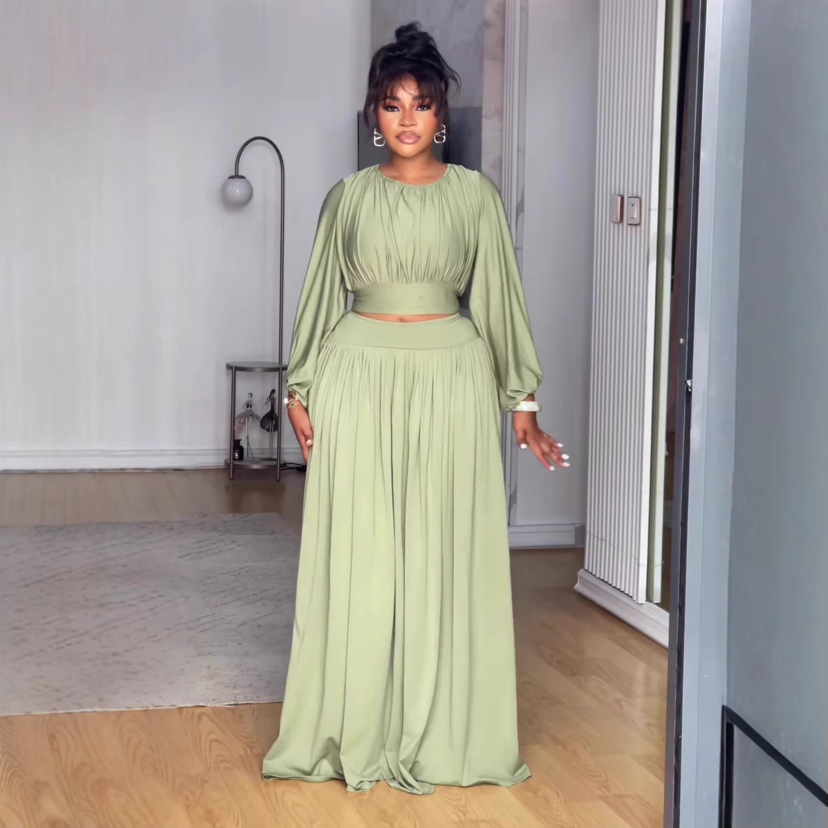 New Autumn Fashion Sexy Elegant Solid Casual Crew Neck Long Sleeve Breathable Satin Top Half Skirt Women's Sets