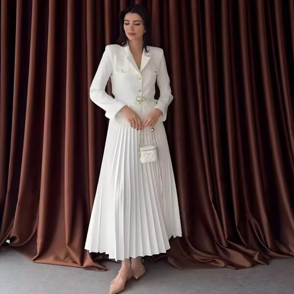 Fashion Set Women Long Sleeve New Solid Color Lapel Blazer Pressed Pleated Skirt 2 Piece Set