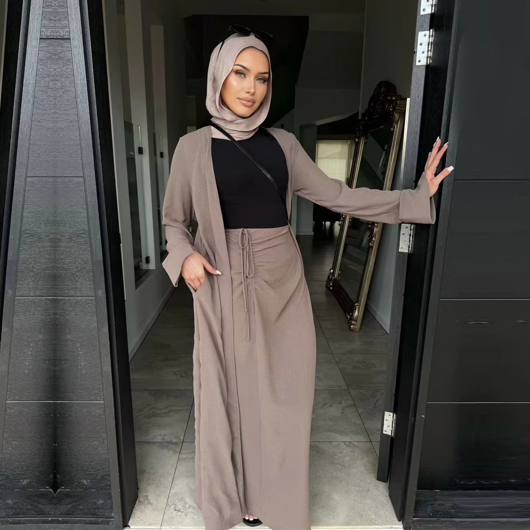 2026 Loriya Summer New Fashion 2PC Open Abaya With Adjustable Ruched Detail Matching Skirt - Women's Islamic Clothing Dresses